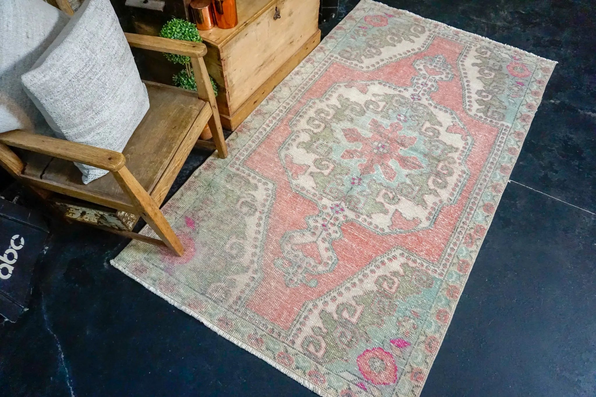 4’1 x 7’5 Oushak Rug Muted Coral Pink, Turquoise and Sage Vintage Carpet '2948 Linda's Barn