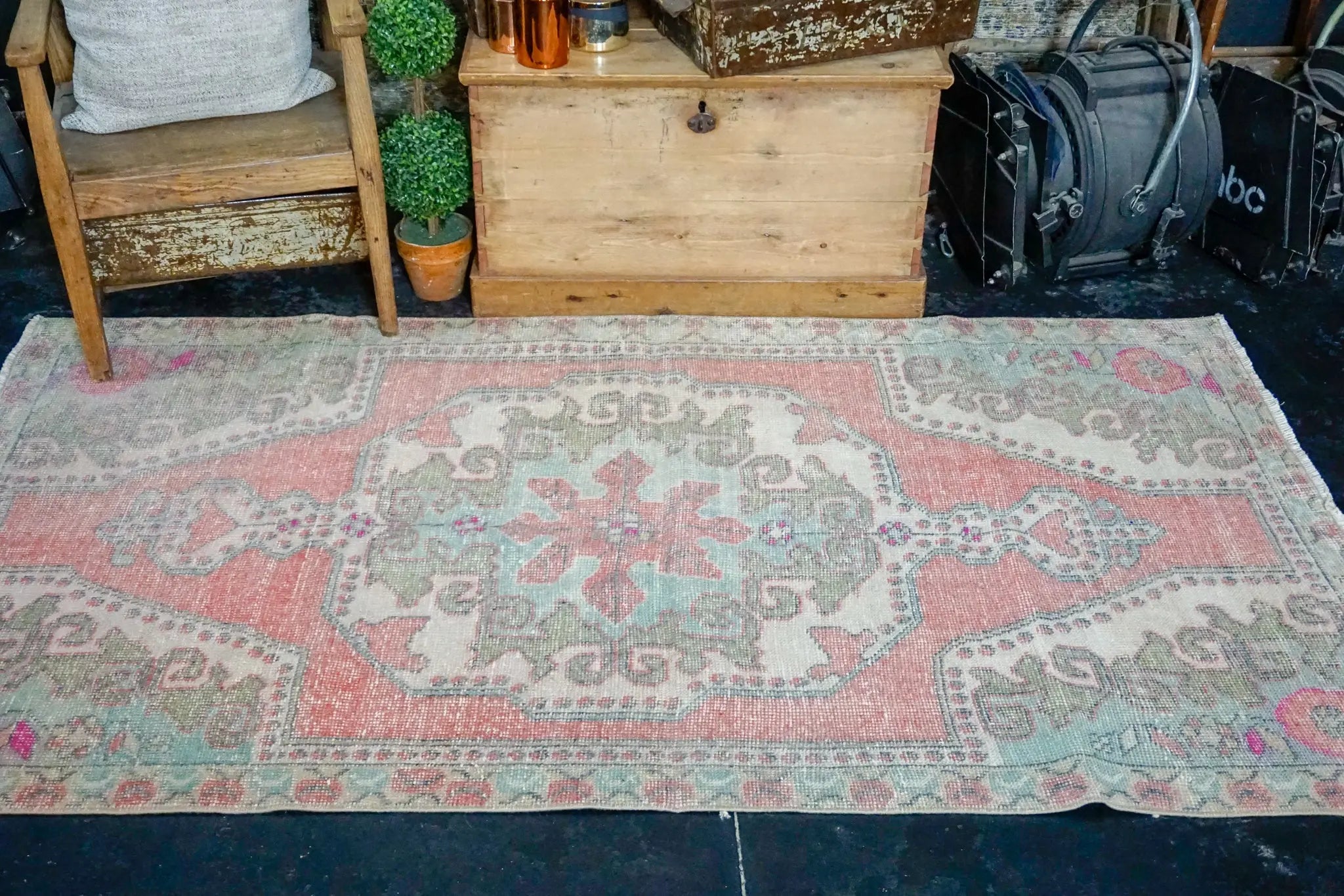 4’1 x 7’5 Oushak Rug Muted Coral Pink, Turquoise and Sage Vintage Carpet '2948 Linda's Barn