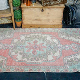 4’1 x 7’5 Oushak Rug Muted Coral Pink, Turquoise and Sage Vintage Carpet