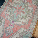 4’1 x 7’5 Oushak Rug Muted Coral Pink, Turquoise and Sage Vintage Carpet