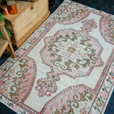 4’6 x 7’ Oushak Rug Muted White, Bronze and Pink Vintage Rose Carpet