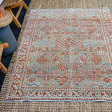 4’2 x 6’8 Classic Vintage Rug Muted Turquoise, Red + Cream Carpet SB