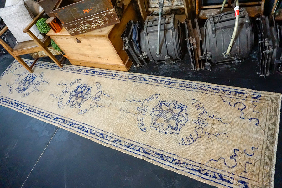 2’7 x 11’6 Vintage Turkish Runner Muted Beige and Navy Blue