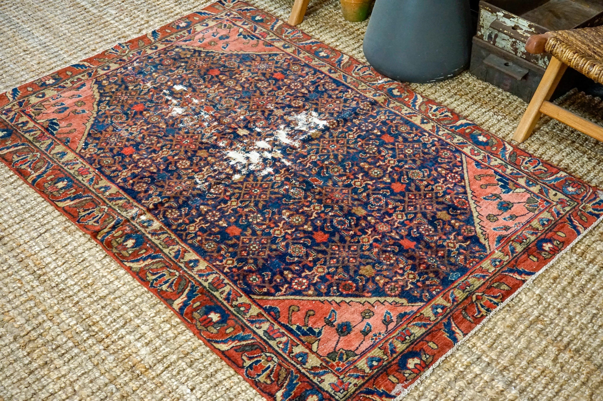 3’11 x 5’9 Classic Vintage Rug Navy Blue, Red + Tan Carpet '3828 Linda's Barn