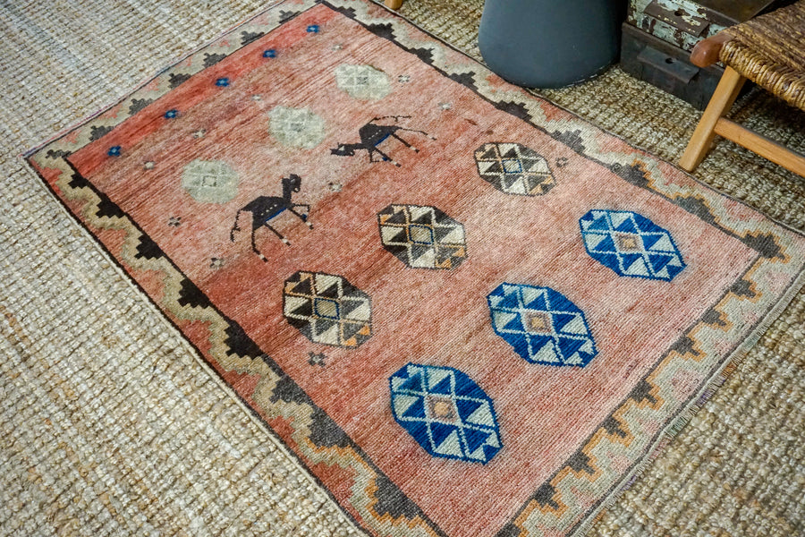 3’7 x 5’9 Classic Vintage Rug Muted Red, Brown + Blue Carpet