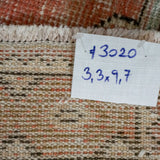3’3 x 9’7 Vintage Turkish Runner Muted Coral Red, Light Brown, Gray and Purple