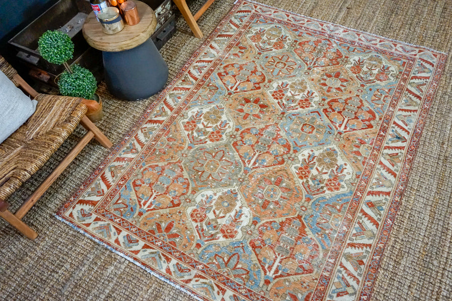 5’ x 6’8 Classic Vintage Rug Muted Light Blue, Red + Tan  Carpet