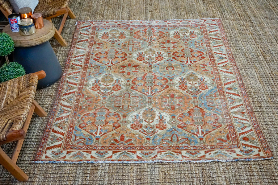 5’ x 6’8 Classic Vintage Rug Muted Light Blue, Red + Tan  Carpet
