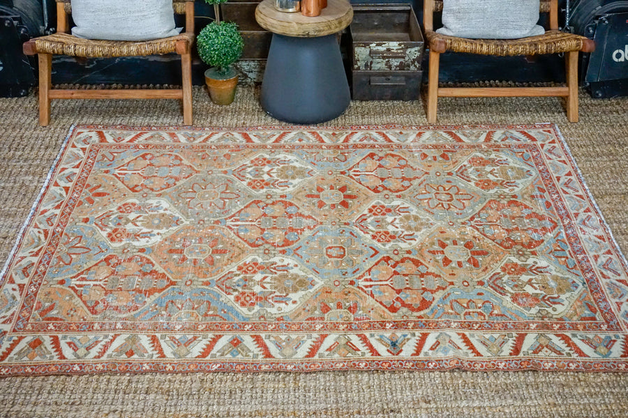 5’ x 6’8 Classic Vintage Rug Muted Light Blue, Red + Tan  Carpet