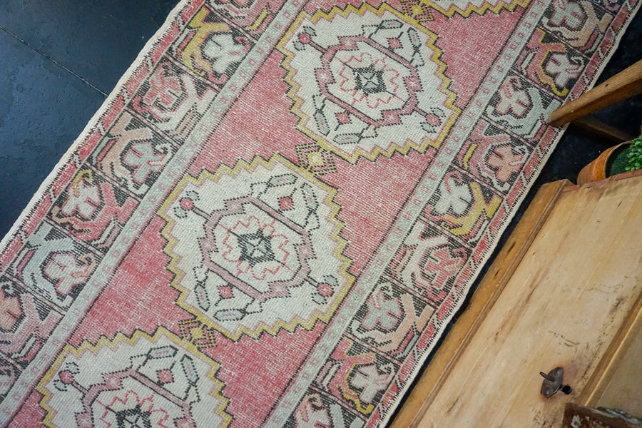 3’2 x 10’ Vintage Turkish Runner Muted Faded Red, Gray & Black