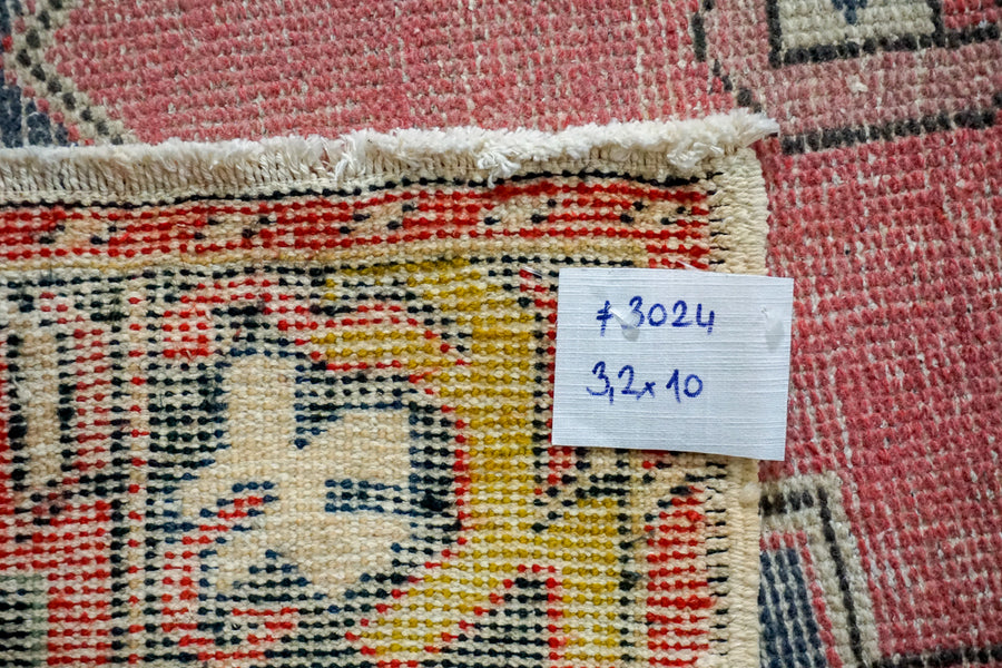 3’2 x 10’ Vintage Turkish Runner Muted Faded Red, Gray & Black