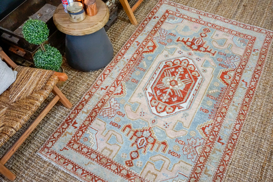 3’10 x 6’5 Classic Vintage Rug Muted Blue, Red + Pink Carpet