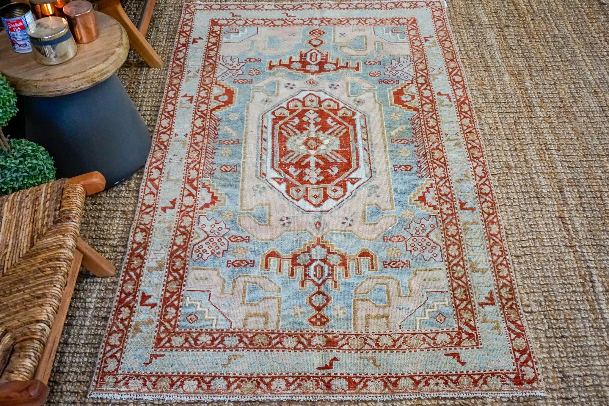 3’10 x 6’5 Classic Vintage Rug Muted Blue, Red + Pink Carpet '3809 Linda's Barn
