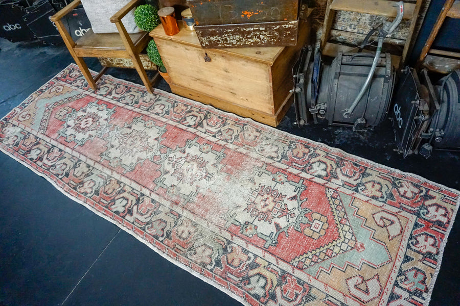 3’2 x 9’7 Vintage Turkish Runner Muted Red, Blue, Black and White