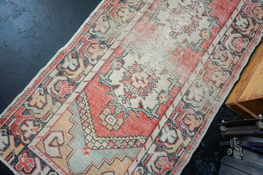 3’2 x 9’7 Vintage Turkish Runner Muted Red, Blue, Black and White