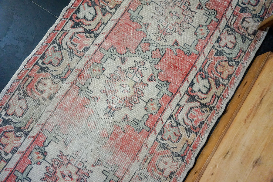 3’2 x 9’7 Vintage Turkish Runner Muted Red, Blue, Black and White
