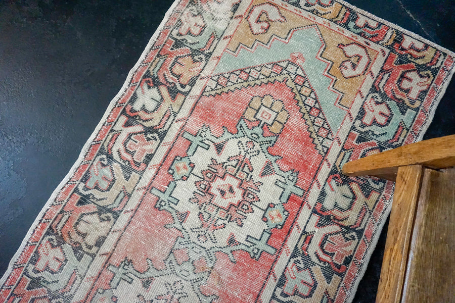 3’2 x 9’7 Vintage Turkish Runner Muted Red, Blue, Black and White