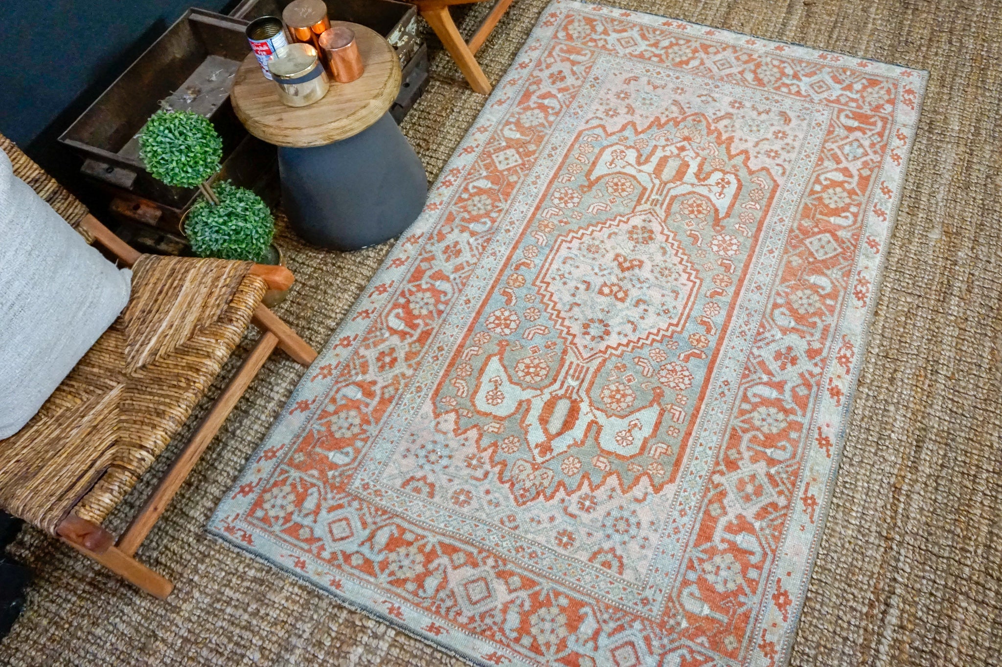 4’ x 6’8 Classic Vintage Rug Muted Sockeye Salmon, Blue + Pink Carpet '3726 Linda's Barn