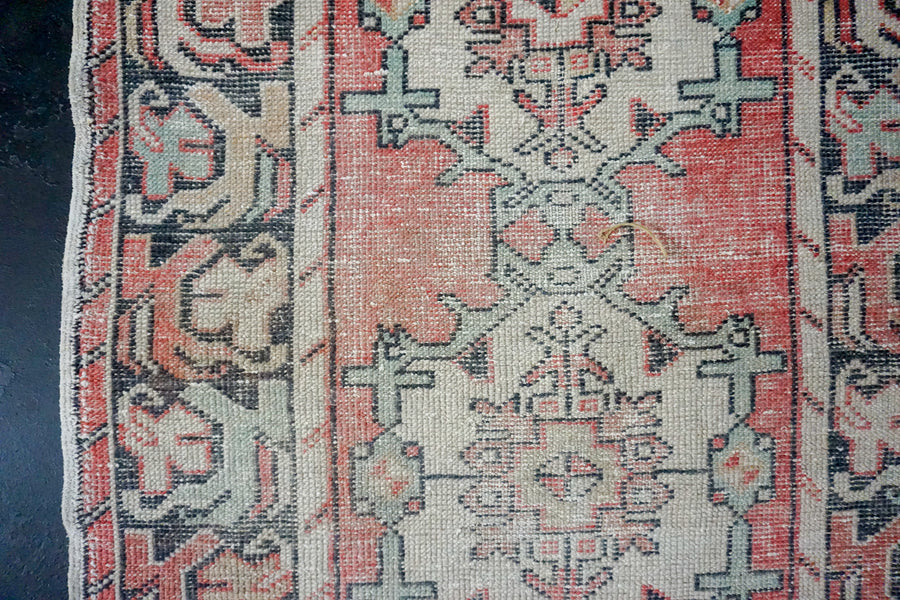 3’2 x 9’7 Vintage Turkish Runner Muted Red, Blue, Black and White