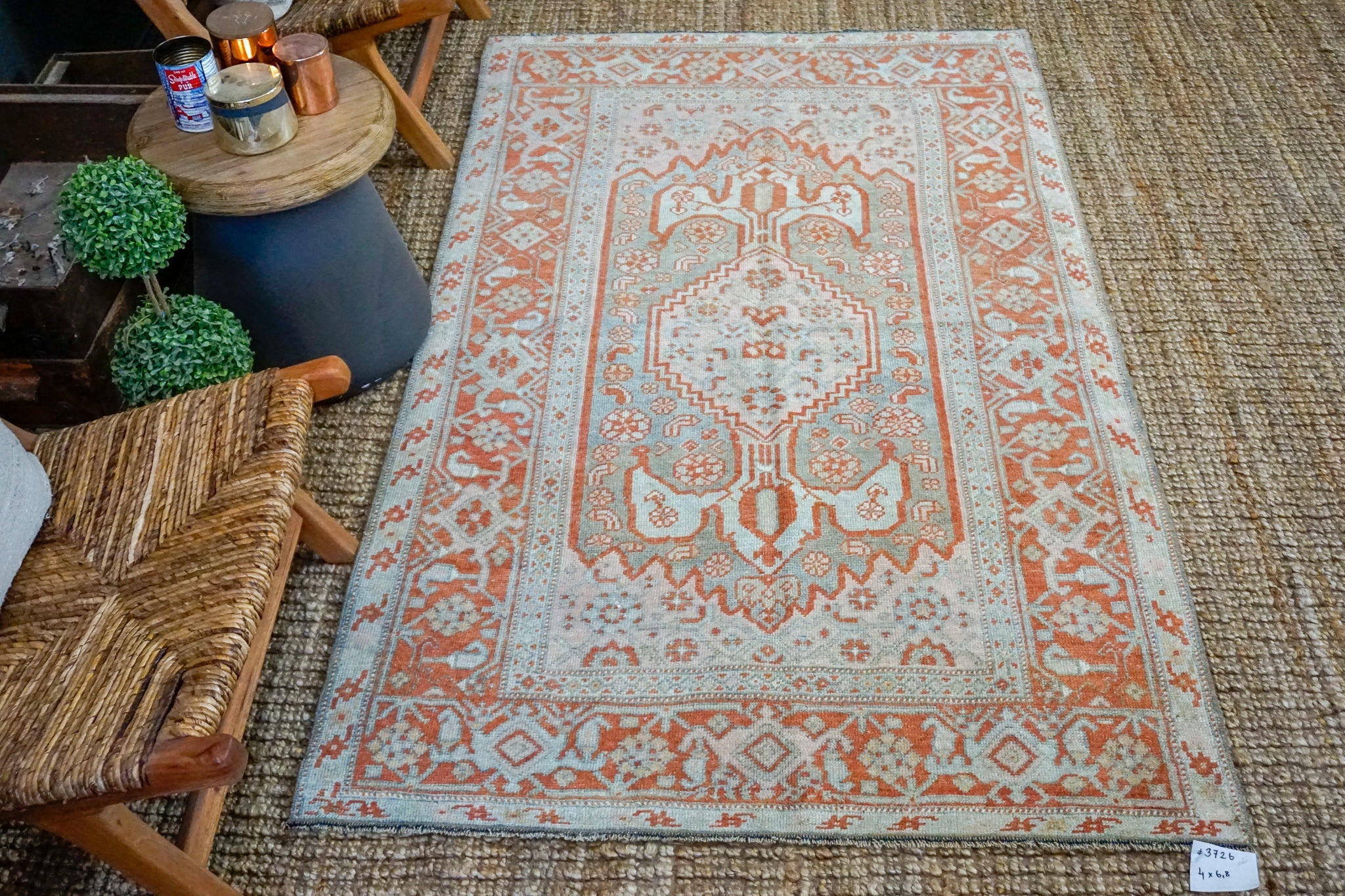 4’ x 6’8 Classic Vintage Rug Muted Sockeye Salmon, Blue + Pink Carpet '3726 Linda's Barn