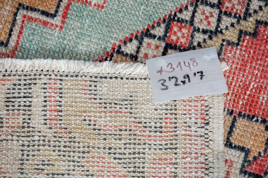 3’2 x 9’7 Vintage Turkish Runner Muted Red, Blue, Black and White