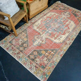 4’2 x 8’4 Oushak Rug Muted Red and Blue Vintage Carpet