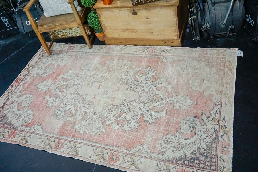 4’7 x 7’6 Oushak Rug Muted Red, Cream and Gray Vintage Carpet