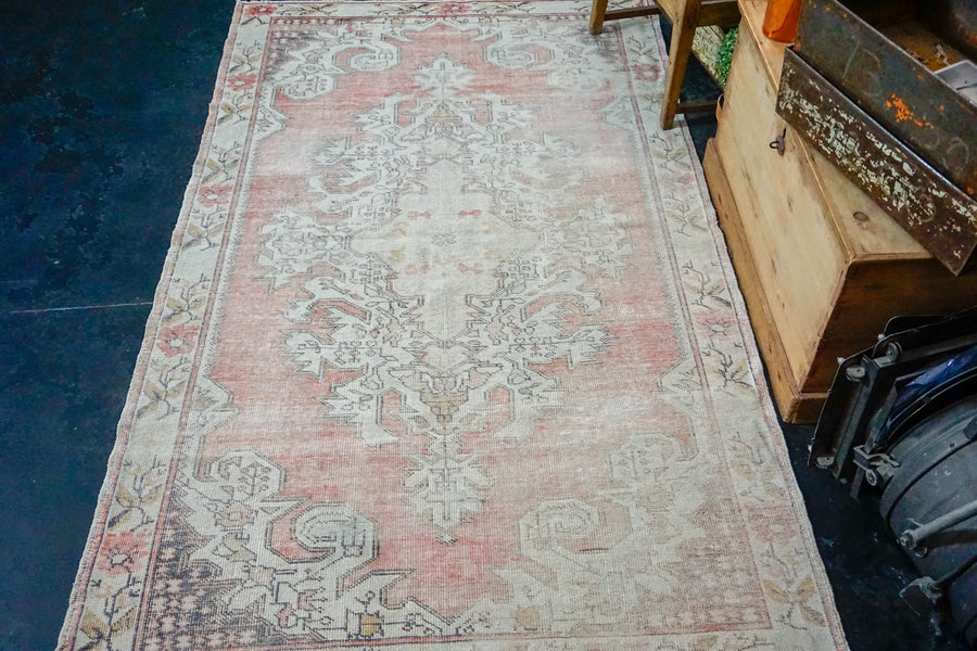 4’7 x 7’6 Oushak Rug Muted Red, Cream and Gray Vintage Carpet