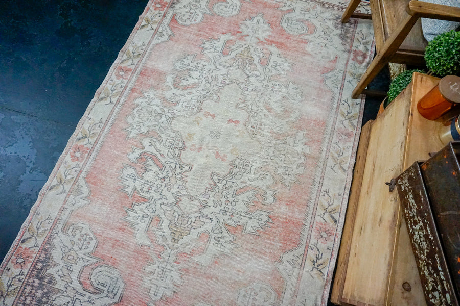 4’7 x 7’6 Oushak Rug Muted Red, Cream and Gray Vintage Carpet