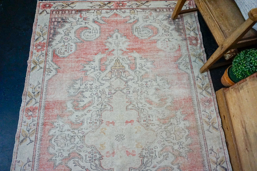 4’7 x 7’6 Oushak Rug Muted Red, Cream and Gray Vintage Carpet
