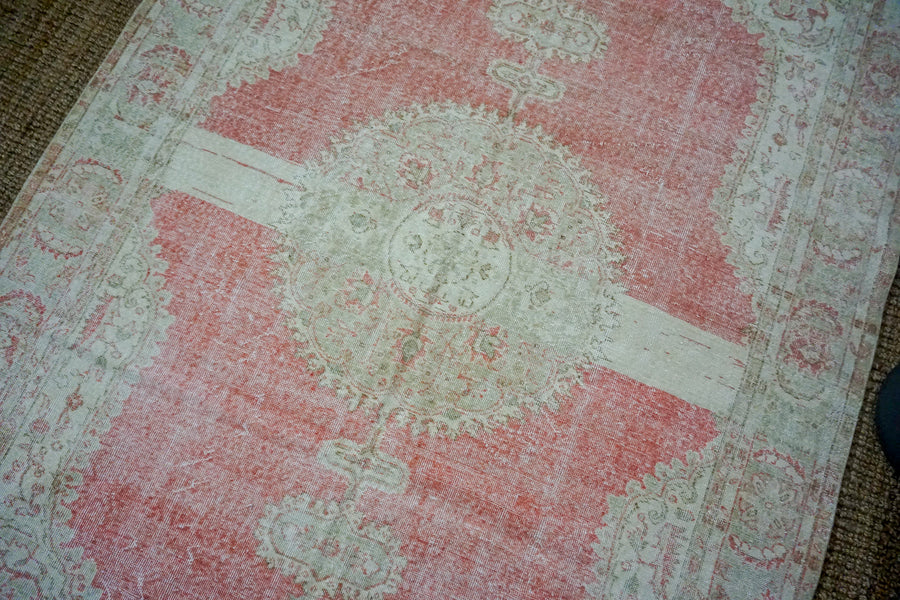 7’4 x 10’7 Vintage Oushak Rug Muted Coral Pink, Beige + Gray Carpet