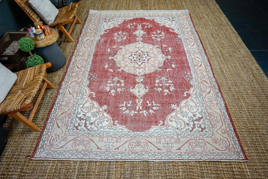 6’5 x 10’1 Vintage Oushak Rug Muted Wine, Beige + Black Carpet