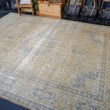 9’8 x 13’ Vintage Mahal Rug Olive Green and Denim Blue 60’s Carpet