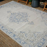 6’4 x 10’2 Vintage Oushak Rug Muted Navy Blue and Cream Carpet