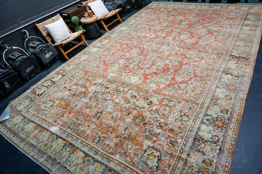 10’7 x 18’ Classic Antique Rug Muted Warm Red, Denim Blue and Black