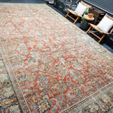 10’7 x 18’ Classic Antique Rug Muted Warm Red, Denim Blue and Black