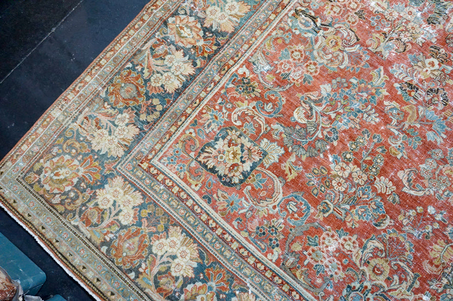 10’7 x 18’ Classic Antique Rug Muted Warm Red, Denim Blue and Black