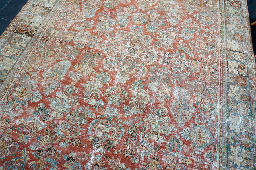 10’7 x 18’ Classic Antique Rug Muted Warm Red, Denim Blue and Black