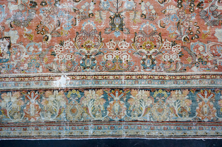 10’7 x 18’ Classic Antique Rug Muted Warm Red, Denim Blue and Black