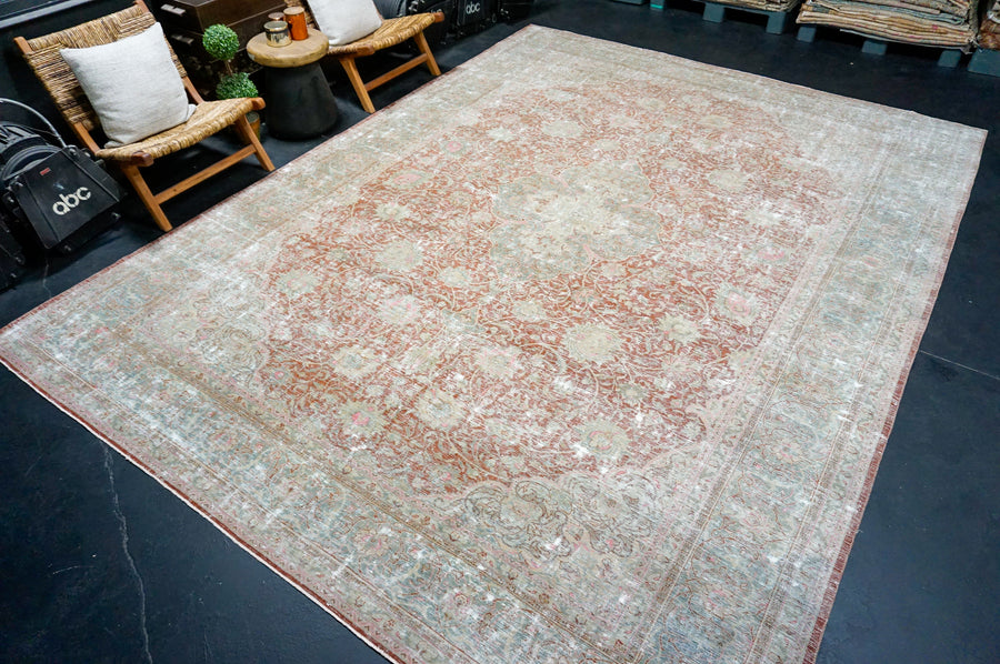 9’8 x 12’10 Classic Antique Tabriz Rug Muted Bittersweet Red, Gray, Blue and Pink