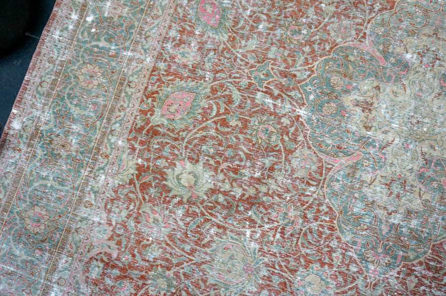 9’8 x 12’10 Classic Antique Tabriz Rug Muted Bittersweet Red, Gray, Blue and Pink