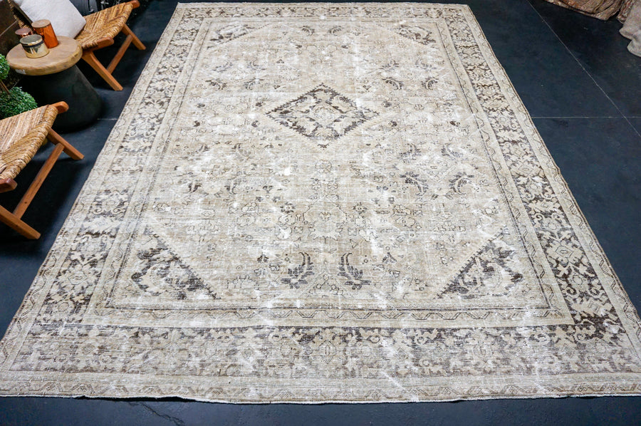 9’2 x 12’ Classic Vintage Sultanabad Gray Beige, Brown & Green