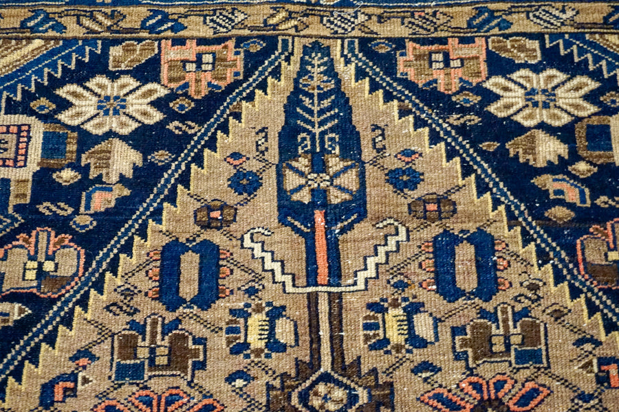 4’3” x 6’9” Vintage Hamadan Carpet Dark Blue, Tan and Beige 70’s