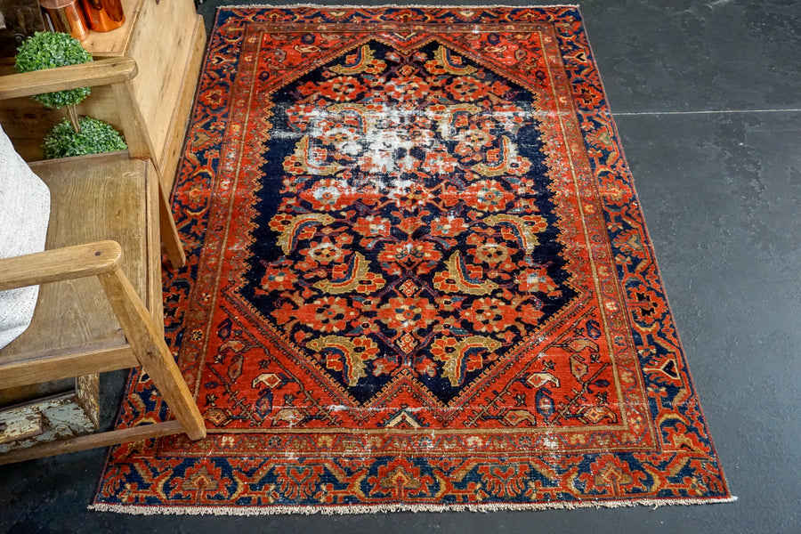 4’3” x 6’4” Vintage Hamadan Carpet Dark Blue, Red & Tan 70’s