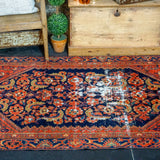 4’3” x 6’4” Vintage Hamadan Carpet Dark Blue, Red & Tan 70’s
