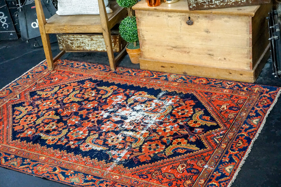 4’3” x 6’4” Vintage Hamadan Carpet Dark Blue, Red & Tan 70’s