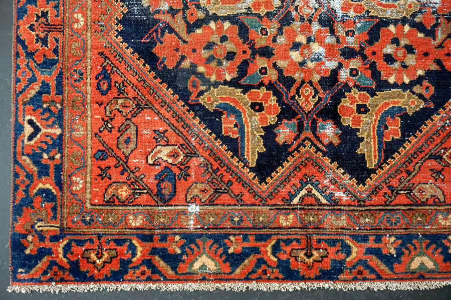 4’3” x 6’4” Vintage Hamadan Carpet Dark Blue, Red & Tan 70’s