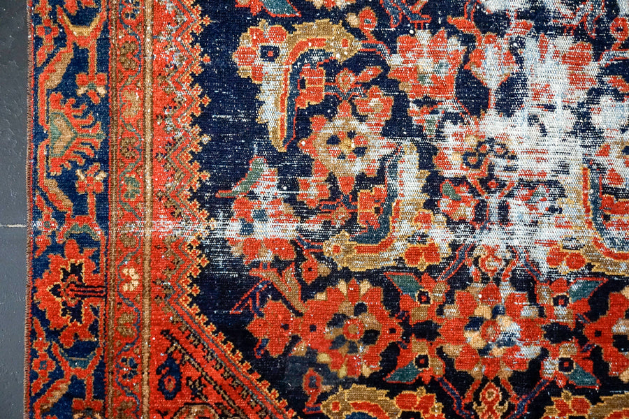 4’3” x 6’4” Vintage Hamadan Carpet Dark Blue, Red & Tan 70’s
