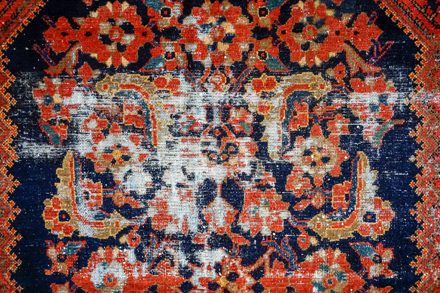 4’3” x 6’4” Vintage Hamadan Carpet Dark Blue, Red & Tan 70’s