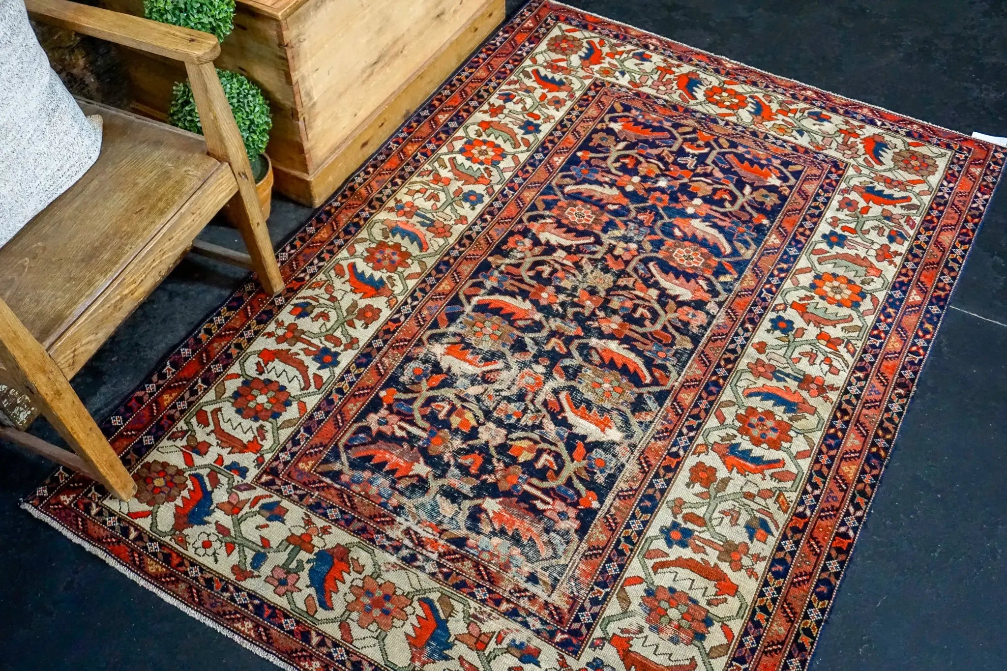 4’6 x 6’ Vintage Malayer Carpet Blue, Red and Cream 70’s '3183 Linda's Barn